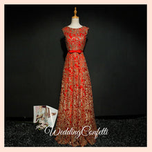 Load image into Gallery viewer, The Riselle Gold/Blue/Red Sleeveless A Line Gown - WeddingConfetti
