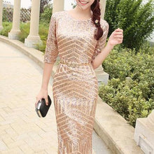 Load image into Gallery viewer, The Giovana Gold Long Sleeves Lace Evening Gown - WeddingConfetti