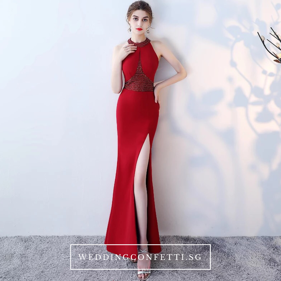 Red halter sales dress long