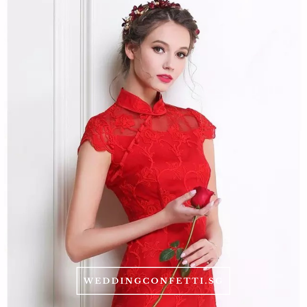 The Elidia Red Oriental Lace Mandarin Collar Qipao Dress WeddingConfetti The Elidia Red Oriental Lace Mandarin Collar Qipao Dress WeddingConfetti