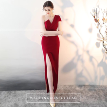 Load image into Gallery viewer, The Claudine One Shoulder Red / Black / White Gown With Slit - WeddingConfetti