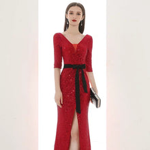 Load image into Gallery viewer, The Lavinia Long Sleeves Red Sequined Gown - WeddingConfetti