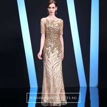 Load image into Gallery viewer, The Kerdelle Purple / Gold Long Illusion Sleeves Gown (Available in 2 colours) - WeddingConfetti