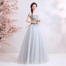 Load image into Gallery viewer, The Kimberly Off Shoulder Grey Gown