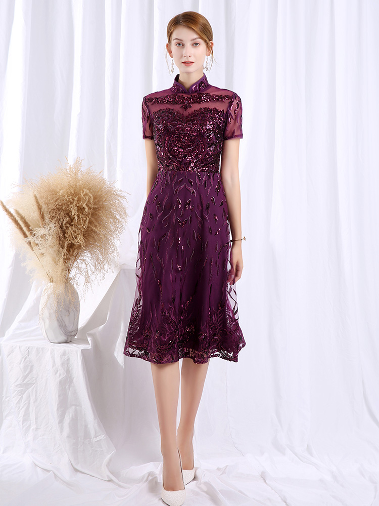 The Carena Mother Of Bride Purple Cheongsam High Collar Gown