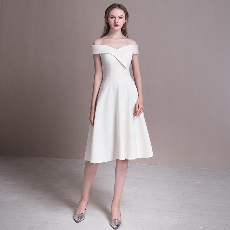 White off the shoulder tea length dress store