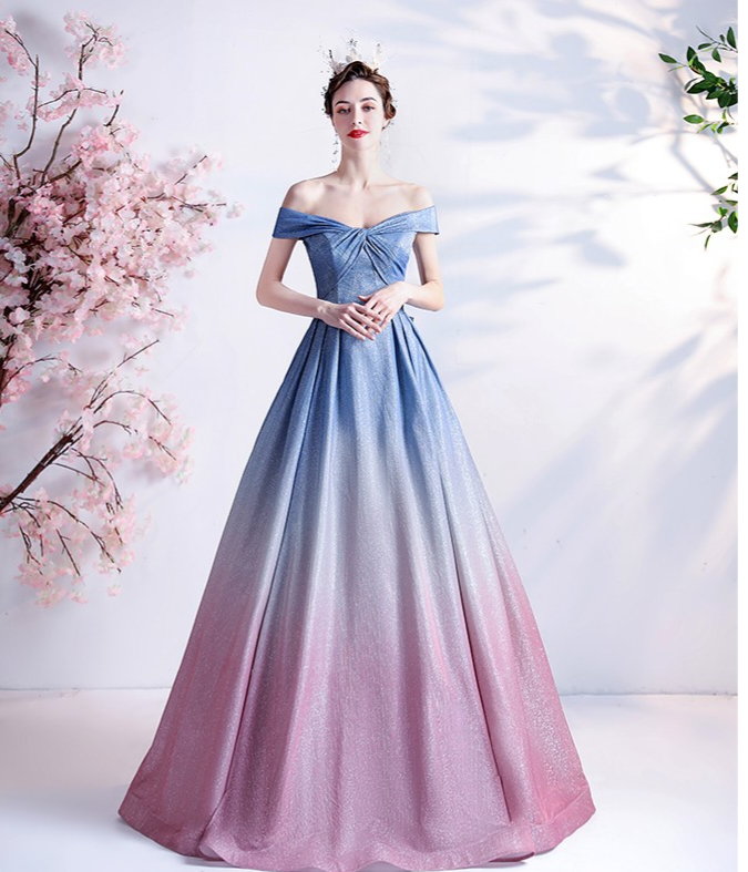 The Kyria Off Shoulder Blue Pink Ombre Gown WeddingConfetti