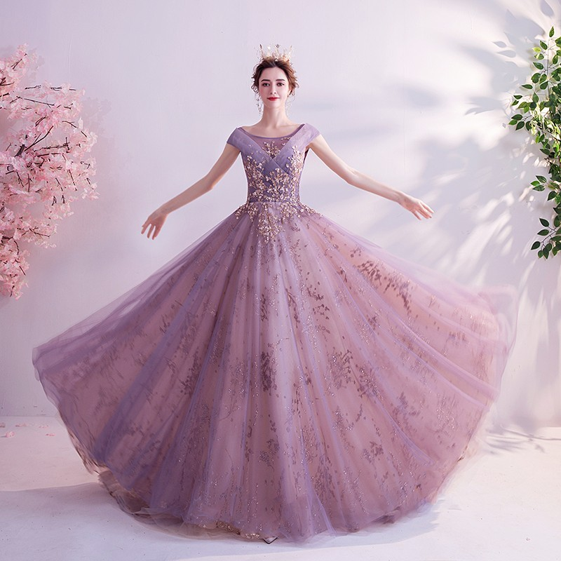 The Kesey Purple Gold Off Shoulder Gown WeddingConfetti