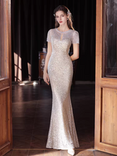 Load image into Gallery viewer, The Solasta Champagne Short Sleeve Evening Sequined Mermaid Dress