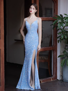 The Kerine Sleeveless Blue Sequined Evening Dress