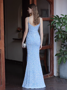 The Kerine Sleeveless Blue Sequined Evening Dress