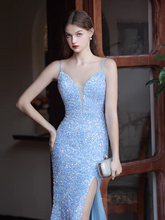 Load image into Gallery viewer, The Kerine Sleeveless Blue Sequined Evening Dress