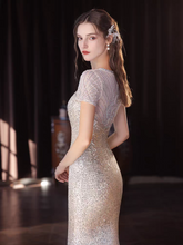 Load image into Gallery viewer, The Solasta Champagne Short Sleeve Evening Sequined Mermaid Dress
