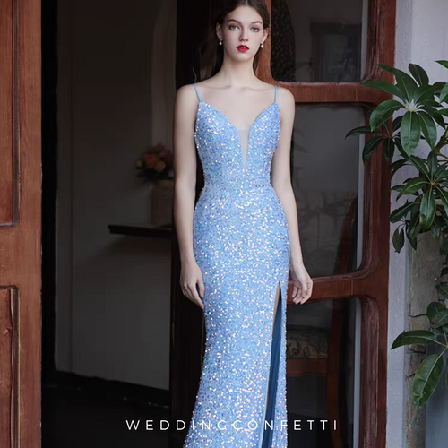 The Kerine Sleeveless Blue Sequined Evening Dress