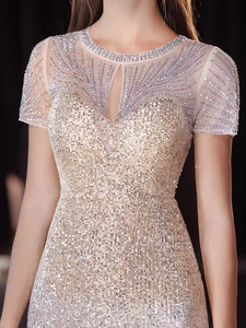 The Solasta Champagne Short Sleeve Evening Sequined Mermaid Dress