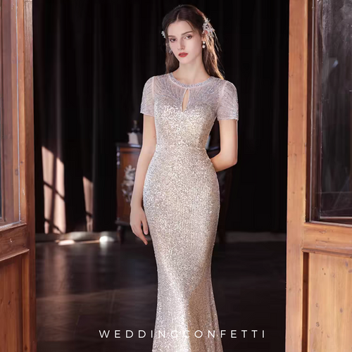 The Solasta Champagne Short Sleeve Evening Sequined Mermaid Dress