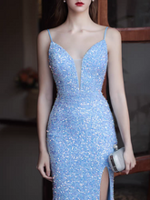 Load image into Gallery viewer, The Kerine Sleeveless Blue Sequined Evening Dress