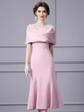 Load image into Gallery viewer, The Lowena Pink/Red Off Shoulder Midi Dress