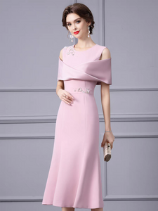 The Lowena Pink/Red Off Shoulder Midi Dress
