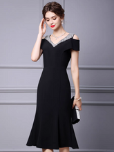 Load image into Gallery viewer, The Lexis Black Midi Off Shoulder Dress