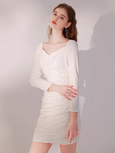 The Damaris White Long Sleeve Ruched Dress