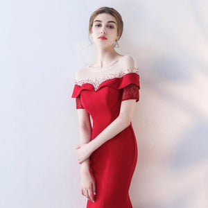 The Heriette Red Glitter Off Shoulder Mermaid Short Dress - WeddingConfetti