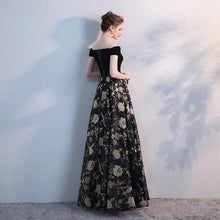 Load image into Gallery viewer, The Jardine Black Embroiderd Lace Off Shoulder Gown - WeddingConfetti