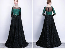 Load image into Gallery viewer, The Kistina Floral Lace Black and Green Illusion Long Sleeves Gown