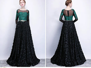 The Kistina Floral Lace Black and Green Illusion Long Sleeves Gown