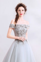 Load image into Gallery viewer, The Kimberly Off Shoulder Grey Gown