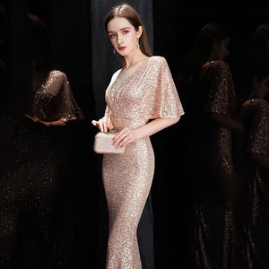The Rayna Gold Sequined Draped Sleeves Gown (Available in 2 colours) - WeddingConfetti