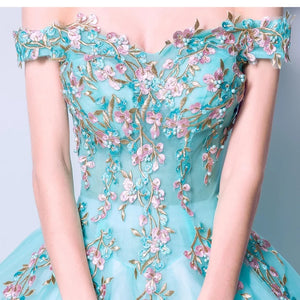 The Rynbitha Off Shoulder Tiffany Green Gown - WeddingConfetti