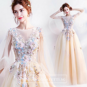 The Gregery Light Yellow 3D floral Flare Sleeves Gown - WeddingConfetti