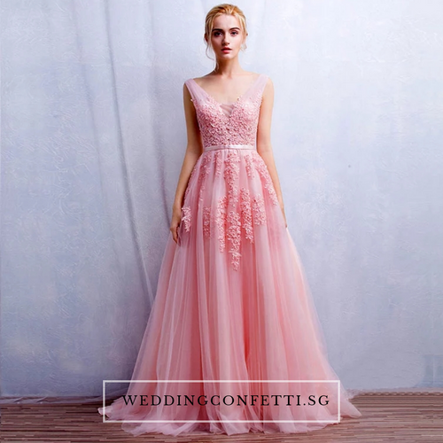 The Pierina Tulle Sleeveless Pink / Grey / Red Lace Floral Gown (Customisation Available) - WeddingConfetti