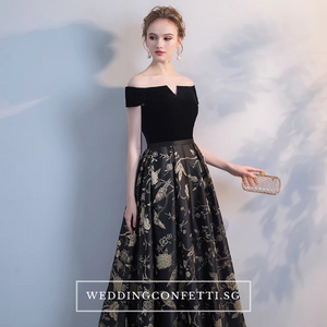 The Jardine Black Embroiderd Lace Off Shoulder Gown - WeddingConfetti