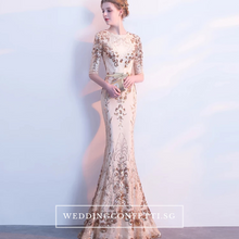 Load image into Gallery viewer, The Jhoviani Champagne/Black Long Sleeves Gown - WeddingConfetti