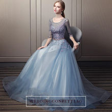 Load image into Gallery viewer, The Rerraine Blue Illusion Neckline Long Sleeves Gown - WeddingConfetti