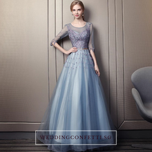 Load image into Gallery viewer, The Rerraine Blue Illusion Neckline Long Sleeves Gown - WeddingConfetti