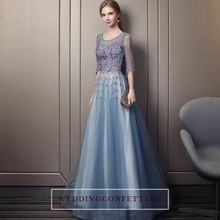 Load image into Gallery viewer, The Rerraine Blue Illusion Neckline Long Sleeves Gown - WeddingConfetti