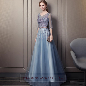 The Rerraine Blue Illusion Neckline Long Sleeves Gown - WeddingConfetti