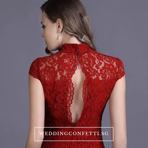 The Hensley Cheongsam Mandarin Collar Off White/Black/Red Lace Gown - WeddingConfetti