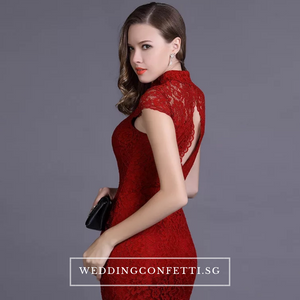 The Hensley Cheongsam Mandarin Collar Off White/Black/Red Lace Gown - WeddingConfetti