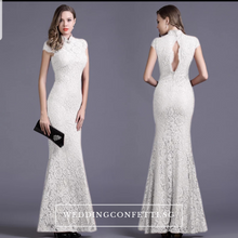 Load image into Gallery viewer, The Hensley Cheongsam Mandarin Collar Off White/Black/Red Lace Gown - WeddingConfetti