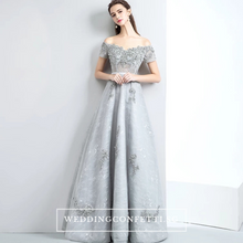 Load image into Gallery viewer, The Anna Silver A Line Off Shoulder Gown - WeddingConfetti