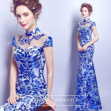 Load image into Gallery viewer, The Oriana Blue White Mandarin Collar Cheongsam Dress - WeddingConfetti