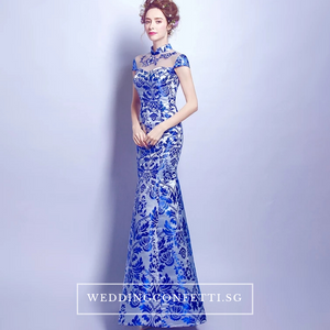 The Oriana Blue White Mandarin Collar Cheongsam Dress - WeddingConfetti