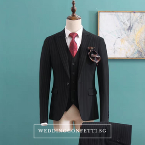 Caden Groom Men's Striped Brown / Grey / Black Suit Jacket, Vest and Pants (3 Piece) - WeddingConfetti