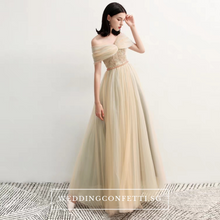 Load image into Gallery viewer, The Raylynn Champagne Tulle Off Shoulder Gown - WeddingConfetti