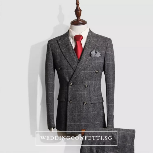 Leonardo Groom Men's Checkered Brown Grey Suit Jacket, Vest and Pants (3 Piece) - WeddingConfetti