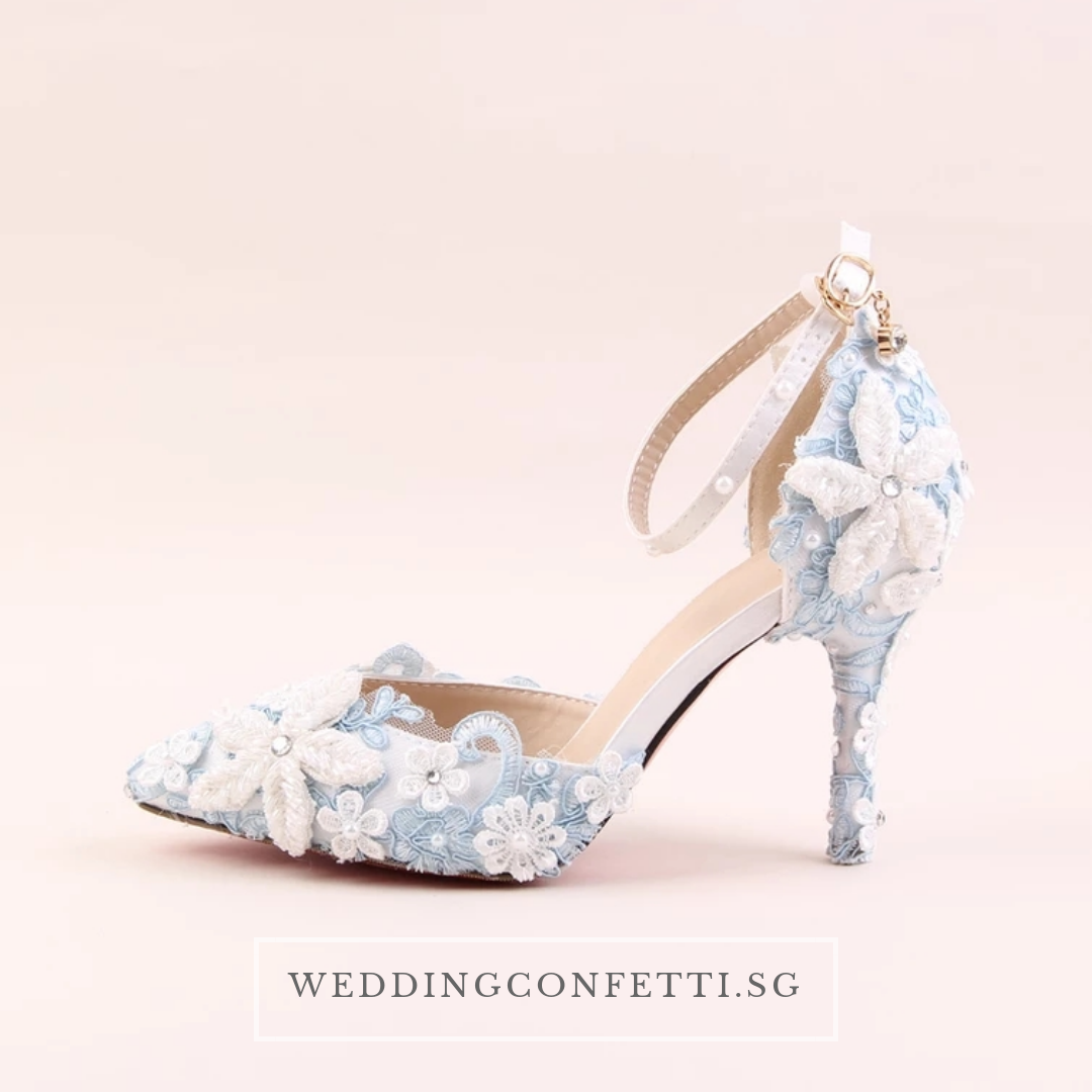 The Lovelle Wedding Bridal Blue Floral Heels WeddingConfetti